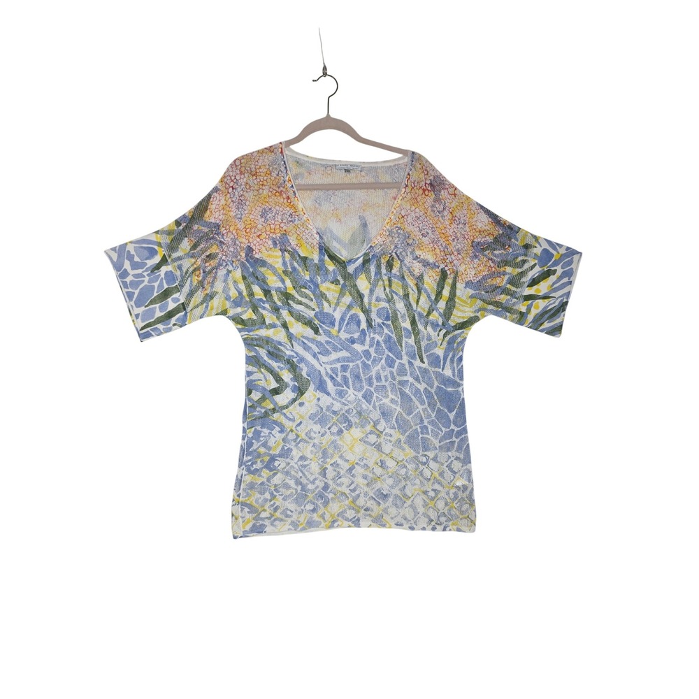 Alberto Makali W's V-Neck Abstract Print Dolman Sleeve Knit Top Blue Orange L